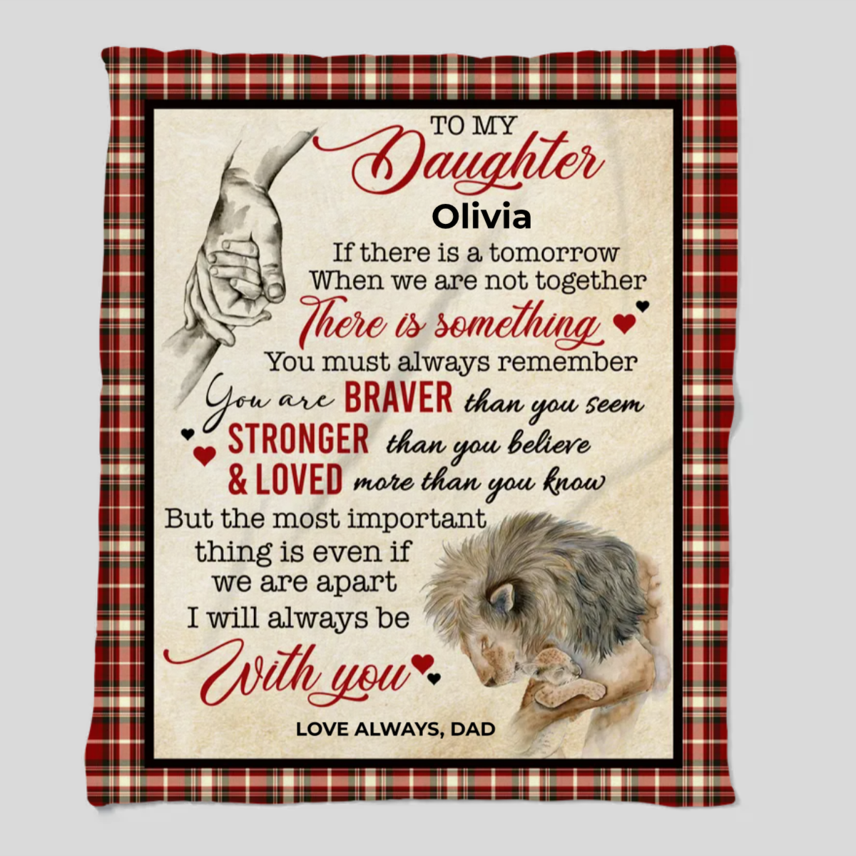 Personalized Gift for Daughter • Parent and Child Embrace •Custom Blanket with Message • Birthday Gift to Daughter from Dad or Mom • Christmas or Special Occasions – With or Without Name